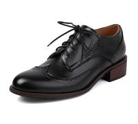 Eestfy Womens Chunky Heel Oxford Shoes Low Heel Brogue Design Lace-Up Wingtips Vintage Multicolor Leather Classic Round Toe Flats for Office or Daily Wear,Black,7 UK