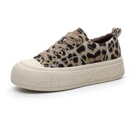 Eestfy Women's Chunky Platform Leather Sneakers Canvas Lace Up Casual Trainers for Daily Outing & Street Walking Rubber Sole Comfortable Non-Slip,Leopard Print,6 UK
