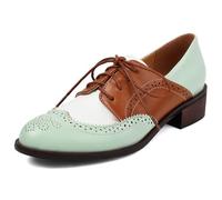 Eestfy Women's Classic Wingtip Oxford Shoes Chunky Block Heel Lace Up Round Toe Brogues for Wedding Reception & Business Meeting Perforated,Green,6 UK