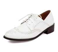 Eestfy Women's Classic Wingtip Oxford Shoes Chunky Block Heel Lace Up Round Toe Brogues for Wedding Reception & Business Meeting Perforated,White,10 UK