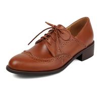 Eestfy Women's Classic Wingtip Oxford Shoes Chunky Block Heel Lace Up Round Toe Brogues for Wedding Reception & Business Meeting Perforated,Brown,5 UK