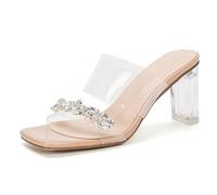 Eestfy Women's Clear Heel Mules Wide Fit Slide Sandals with Crystal Rhinestone Strap Chunky Block Heel Square Toe Slip-On Summer Shoes Non-Slip Footbed,Apricot 5cm,4.5 UK