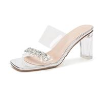 Eestfy Women's Clear Heel Mules Wide Fit Slide Sandals with Crystal Rhinestone Strap Chunky Block Heel Square Toe Slip-On Summer Shoes Non-Slip Footbed,Silver 5cm,4 UK