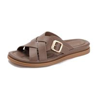 Eestfy Women's Cross Strap Flat Sandals Open Toe Gold Buckle Detail Slides Casual Shoes for Summer Travel & Beach PU Rubber,Khaki,4.5 UK