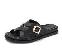 Eestfy Women's Cross Strap Flat Sandals Open Toe Gold Buckle Detail Slides Casual Shoes for Summer Travel & Beach PU Rubber,Black,6.5 UK