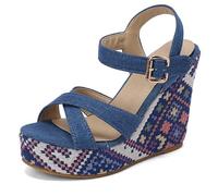 Eestfy Women's Denim Platform Wedge Sandals Chunky Wedge Heel Cross Strap Open Toe Bohemian Summer Shoes for Music Festival & Outdoor,Blue,4 UK
