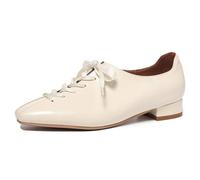 Eestfy Women's Dress Flats Square Toe Lace Up Low Block Heel Vintage Elegant Oxford Pumps Formal Shoes for Wedding Guest & Evening Events,Beige,4 UK