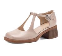 Eestfy Women's Dress Sandals Mary Jane Square Toe Block Heel Pumps T Strap Buckle Comfortable Shoes for Wedding Party & Office Work,Champagne,8 UK