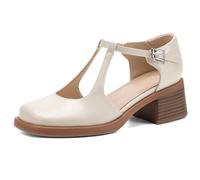 Eestfy Women's Dress Sandals Mary Jane Square Toe Block Heel Pumps T Strap Buckle Comfortable Shoes for Wedding Party & Office Work,Off White,2 UK