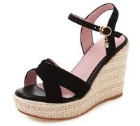 Eestfy Women's Espadrille Wedge Sandals Suede Chunky Platform Heel Bow Detail Ankle Buckle Round Toe Dress Heels for Summer Commute & City Walk,Black,9 UK