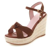 Eestfy Women's Espadrille Wedge Sandals Suede Chunky Platform Heel Bow Detail Ankle Buckle Round Toe Dress Heels for Summer Commute & City Walk,Brown,4 UK