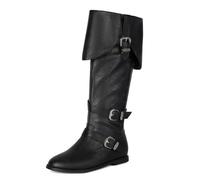 Eestfy Women's Faux Leather Knee High Western Riding Boots Decorative Buckles Flat Heel Comfortable Vintage Fall Winter Fashion Footwear,Black,12 UK