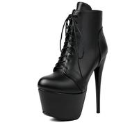 Eestfy Women's Faux Leather Platform Ankle Boots Lace Up 15cm Stiletto High Heel Extra Platform Side Zipper Fashion Night Out Party Club Cosplay Shoes,Black PU,9 UK