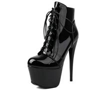Eestfy Women's Faux Leather Platform Ankle Boots Lace Up 15cm Stiletto High Heel Extra Platform Side Zipper Fashion Night Out Party Club Cosplay Shoes,Black Patent Leather,8 UK