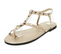 Eestfy Women's Flat Rhinestone Gladiator Sandals Adjustable Ankle Strap Crystal Toe Ring Summer Vacation Sandals Street Walking Flip Flops,Gold,7 UK