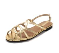 Eestfy Women's Flat Sandals Comfortable Slip-On Roman Cross Strap for Office & Daily City Walk,Gold,4.5 UK