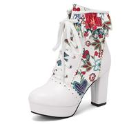 Eestfy Women's Floral Platform Ankle Boots Chunky Heel Lace-up Scalloped Short Boots with Multicolor Print for Party & Evening Out Wide Size,Blue,2 UK