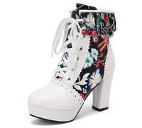 Eestfy Women's Floral Platform Ankle Boots Chunky Heel Lace-up Scalloped Short Boots with Multicolor Print for Party & Evening Out Wide Size,Black,2 UK