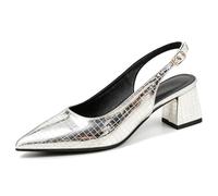 Eestfy Women's French Style Slingback Pumps Elegant Pointed Toe Block Heel Dress Shoes Adjustable Buckle Strap for Dinner Date Night & Cocktail Party,Silver,4 UK