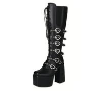 Eestfy Women's Gothic Knee High Platform Boots Patent Leather Lace Up Heart Buckles Chunky Block Heel Alternative Fashion for Cosplay Concerts Clubwear and Daily Street Style,Black PU,2 UK