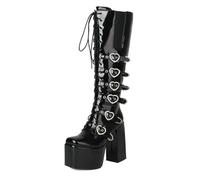Eestfy Women's Gothic Knee High Platform Boots Patent Leather Lace Up Heart Buckles Chunky Block Heel Alternative Fashion for Cosplay Concerts Clubwear and Daily Street Style,Black Patent,9 UK