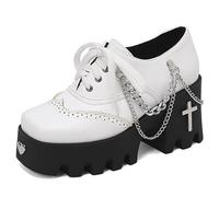 Eestfy Women's Gothic Platform Oxford Pumps High Heel Block Sole Lace-Up Design Color Block or Studded Chain Details Square Toe Punk Alternative Style Casual Dress Shoes,White,9 UK