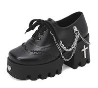 Eestfy Women's Gothic Platform Oxford Pumps High Heel Block Sole Lace-Up Design Color Block or Studded Chain Details Square Toe Punk Alternative Style Casual Dress Shoes,Black,6.5 UK