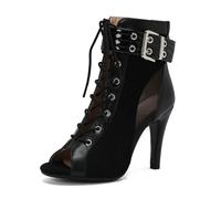 Eestfy Women's Gothic Style Peep Toe Ankle Boots Leather Lace Up High Heel Booties with Buckle Strap for Party Evening Night Out Street Fashion,Black Matte 7cm Heel,11 UK