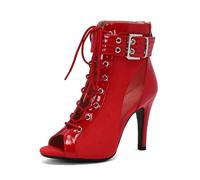 Eestfy Women's Gothic Style Peep Toe Ankle Boots Leather Lace Up High Heel Booties with Buckle Strap for Party Evening Night Out Street Fashion,Red Patent 9cm Heel,12 UK