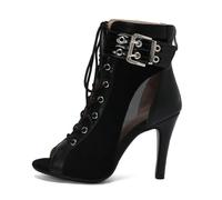 Eestfy Women's Gothic Style Peep Toe Ankle Boots Leather Lace Up High Heel Booties with Buckle Strap for Party Evening Night Out Street Fashion,Black Patent 9cm Heel,2 UK