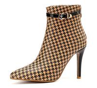 Eestfy Women's Houndstooth Ankle Boots Stiletto Heel Pointed Toe Back Zip Fashion Booties for Wedding Reception & Night Out Glossy,Brown,16 UK
