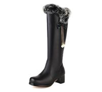 Eestfy Womens Knee High Boots Faux Fur Trim Decorative Bow Gold Chain Tassels Block Heel Winter Footwear Romantic Date Night,Black,11 UK