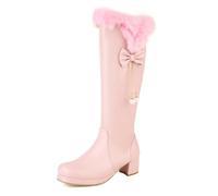 Eestfy Womens Knee High Boots Faux Fur Trim Decorative Bow Gold Chain Tassels Block Heel Winter Footwear Romantic Date Night,Pink,8 UK