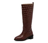 Eestfy Women's Knee-High Fashion Boots Hollow Cutout Pattern Round Toe Pull On Low Block Heel Mid-Calf Boots for Autumn & Winter Casual Wear,Burgundy,10 UK