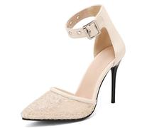 Eestfy Women's Lace Stiletto Pumps Pointed Toe Mesh D'Orsay Heels Ankle Strap High Heel Dress Shoes for Wedding Reception & Evening Party Elegant Style,Beige,3 UK