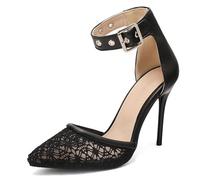 Eestfy Women's Lace Stiletto Pumps Pointed Toe Mesh D'Orsay Heels Ankle Strap High Heel Dress Shoes for Wedding Reception & Evening Party Elegant Style,Black,4.5 UK