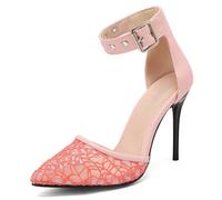 Eestfy Women's Lace Stiletto Pumps Pointed Toe Mesh D'Orsay Heels Ankle Strap High Heel Dress Shoes for Wedding Reception & Evening Party Elegant Style,Pink,16 UK