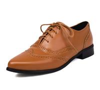 Eestfy Women's Lace Up Oxford Shoes Low Heel Brogue Pointed Toe Flats Brown