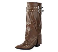 Eestfy Womens Leather Knee High Boots with Studded Detail Western Style Pointed Toe Block Heel Double Buckle Straps for Heavy Metal Concerts,Brown,9 UK