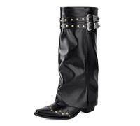 Eestfy Womens Leather Knee High Boots with Studded Detail Western Style Pointed Toe Block Heel Double Buckle Straps for Heavy Metal Concerts,Black,13 UK