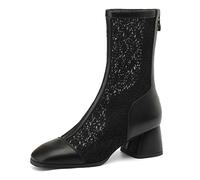 Eestfy Women's Lightweight Breathable Block Heel Square Toe Ankle Boots Comfortable Walking Shoes Lace Mesh Hollow Out Zip Up Design (Wide Size 32-43),Leather,6.5 UK