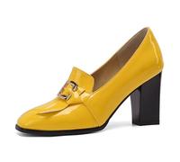 Eestfy Women's Loafers Square Toe Chunky Block Heel Pumps with Bow Knot and Gold Buckle Decoration for Work Meetings and Cocktail Party Breathable Patent Leather,Yellow,7 UK