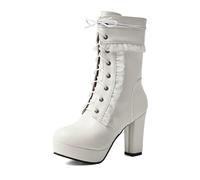Eestfy Women's Lolita Platform High Heel Boots Ruffle Trim Lace Up Chunky Block Heel Side Zipper Cute Punk Sweet Streetwear Style Autumn Winter,White,6.5 UK