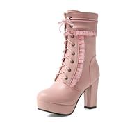 Eestfy Women's Lolita Platform High Heel Boots Ruffle Trim Lace Up Chunky Block Heel Side Zipper Cute Punk Sweet Streetwear Style Autumn Winter,Pink,12 UK