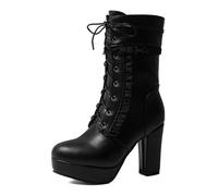 Eestfy Women's Lolita Platform High Heel Boots Ruffle Trim Lace Up Chunky Block Heel Side Zipper Cute Punk Sweet Streetwear Style Autumn Winter,Black,12 UK