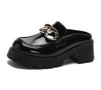 Eestfy Women's Lug Sole Mules 7.5CM Height Increasing Platform Loafers for Vacation & Weekend Trip Round Toe Metal Chain Slip-on Shoes Polished Leather,Black,1.5 UK
