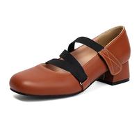 Eestfy Women's Mary Jane Ballet Flats Square Toe Elastic Strap Low Block Heel Colorblock Slip On Shoes for Spring & Autumn Casual Office Wear,Brown,4.5 UK