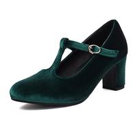 Eestfy Women's Mary Jane Court Shoes Chunky Block Heel Round Toe Suede Buckle T-Strap Pumps for Cocktail Party & Daily Office Wear Wide Size,Green,9 UK