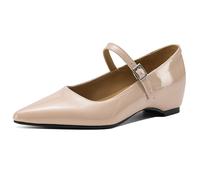 Eestfy Women's Mary Jane Flats Patent Leather Low Block Heel Pointed Toe Ballet Shoes Dress Flats for Office Work & Daily Walking Comfortable Slip On,Apricot,6 UK