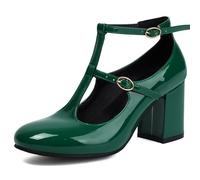 Eestfy Women's Mary Jane Round Toe T-Strap Double Strap Chunky Block Heel Pumps for Office Party & Wedding Dress Elegant Patent Leather,Green,9 UK